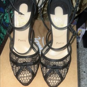 Christian Louboutin Black Lace Pointed-Toe Strappy Pumps